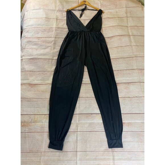 Sabora Women's Black Sheer High Slit Halter Jumpsuit - Large - Picture 3 of 14